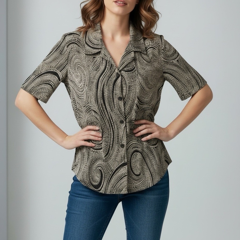 Vintage Connected Woman 16W Blouse Black Tan Swirl Button Front Y2K Made USA